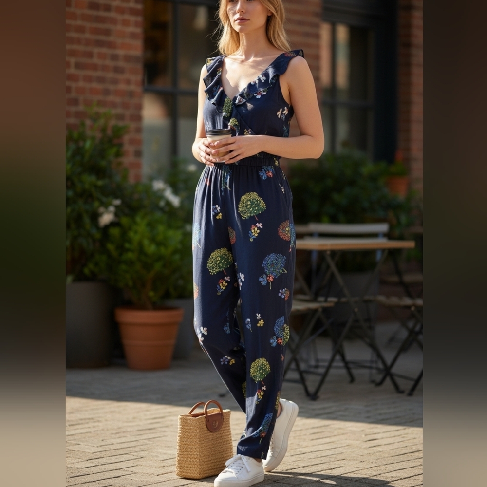 LOFT Blue Floral Jumpsuit with V-Neckline